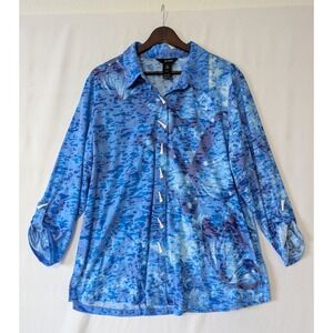 Ali Miles XL Blue Butterfly Print Button Down‎ Long Sleeve Shirt Lightweight
